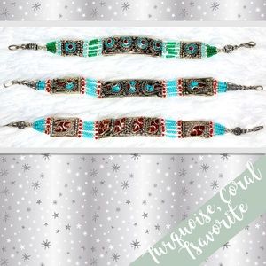 Turquoise & Coral Tibetan Silver Bracelet 7.5” (Turquoise Blue, Red, Green)
